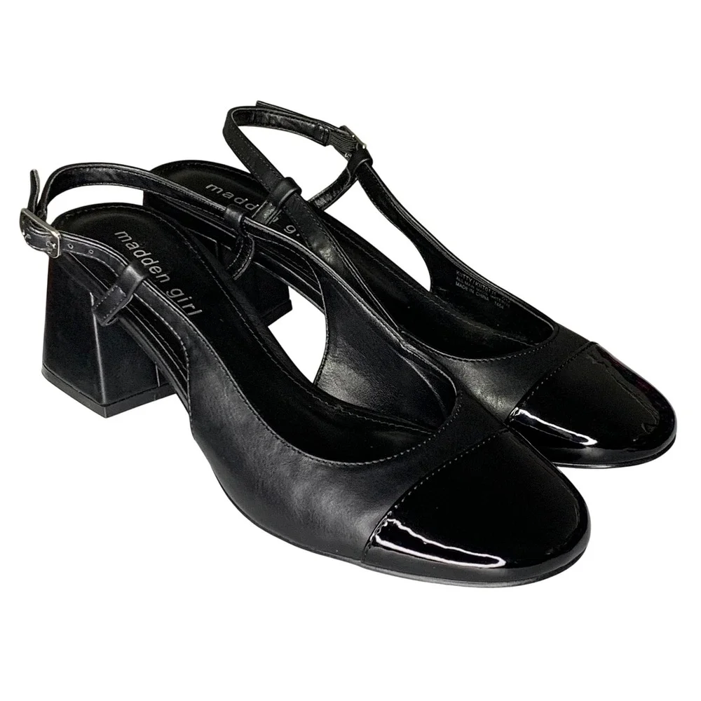 Madden Girl Kllty Black Block Heel Slingback Pumps Cap Toe Women's Size‎ 9M